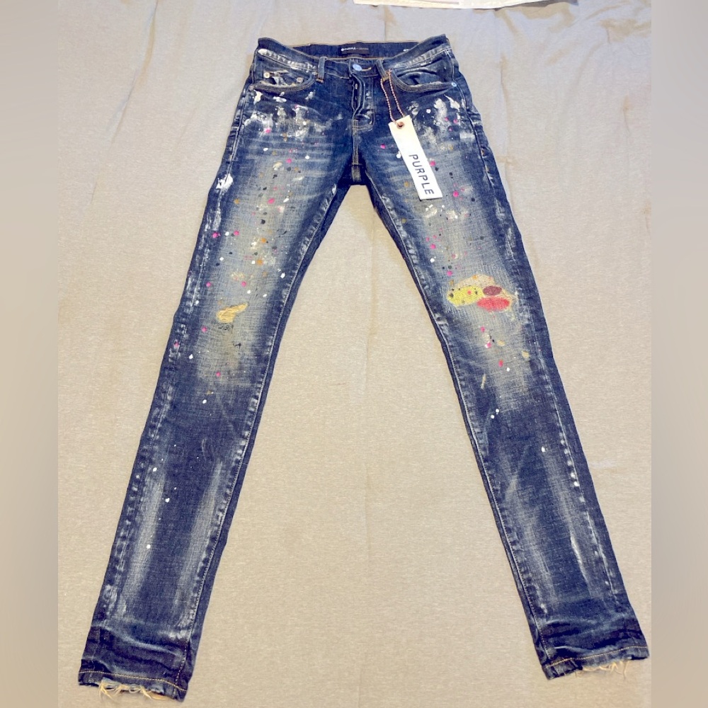 Purple brand p001 style skinny jeans with multi colour paint splatter